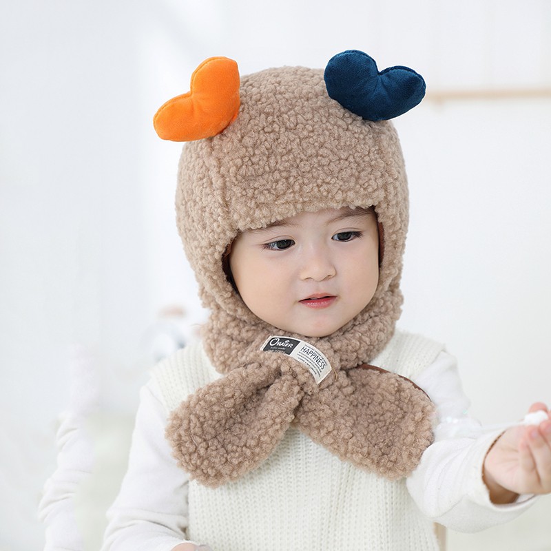 Mũ nhung lông tích hợp khăn quàng ấm áp thời trang mùa thu đông đáng yêu cho bé