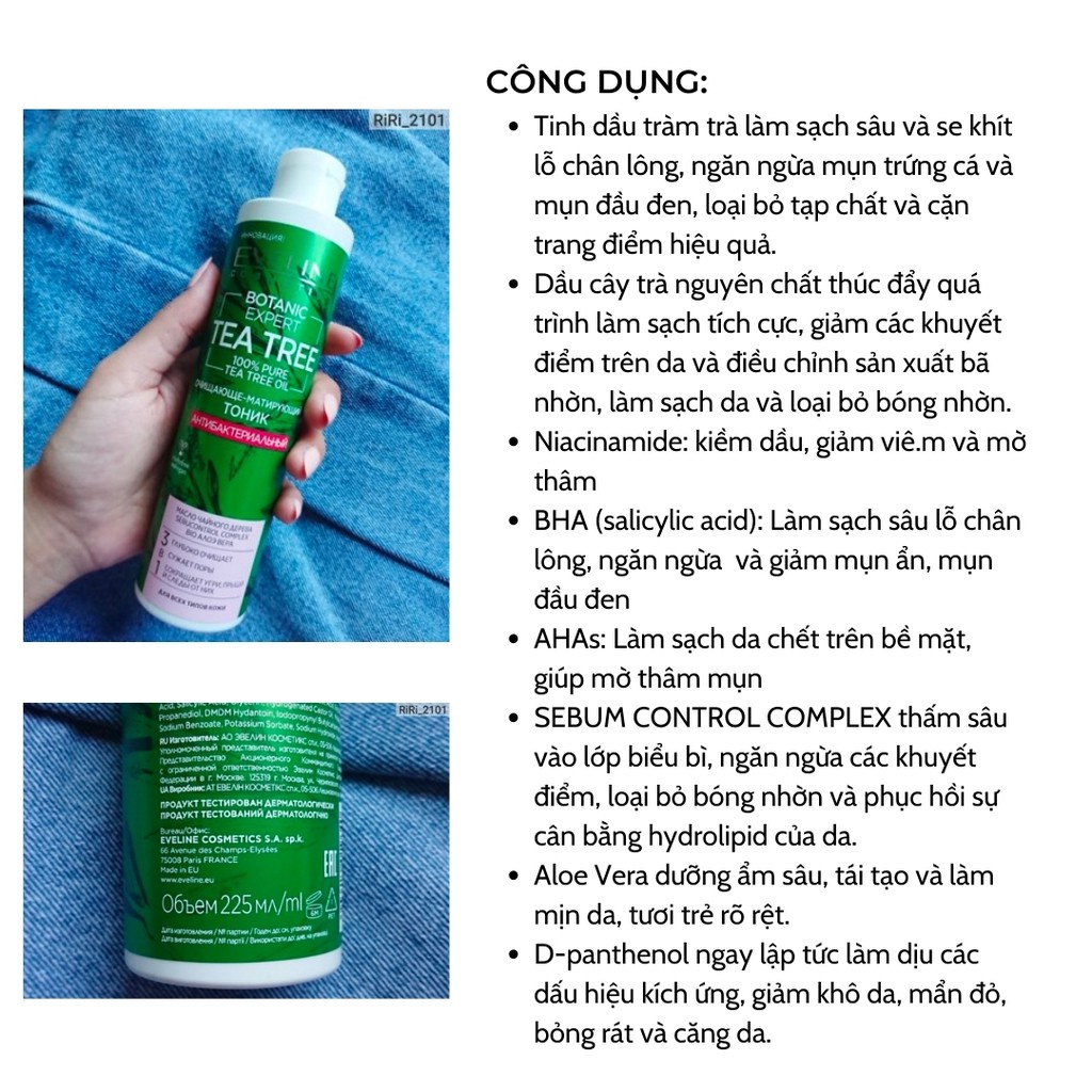 TONER LÀM SẠCH, KHÁNG KHUẨN EVELINE BOTANIC EXPERT TEA TREE 225ML - NGĂN NGỪA MỤN ĐẦU ĐEN, MỤN TRỨNG CÁ HIỆU QU - 9751