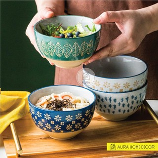 Chén Bát Ăn Cơm Sứ Phong Cách Nhật Bản Men Lì, Hàng Đẹp, Dày, Họa Tiết Hoa Nổi - Hàng Có Sẵn