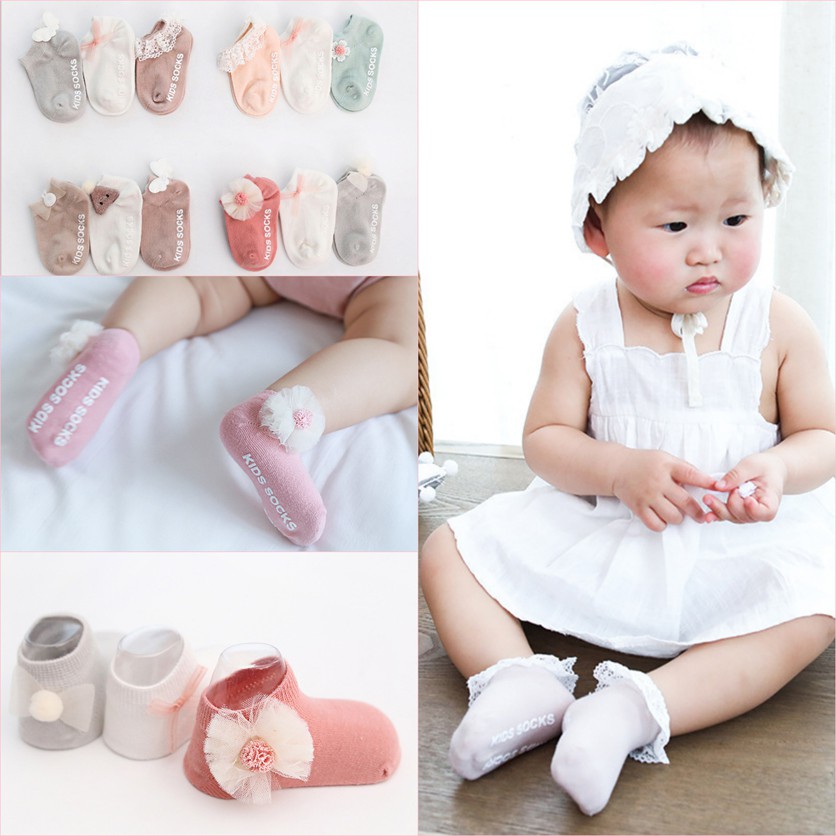 Set 3 Đôi Tất Trẻ Em 100% Cotton Chống Trơn Trượt Hàng Xuất Nhật Tất Cho Bé Gái Từ Sơ Sinh Đến 3 Tuổi PK31