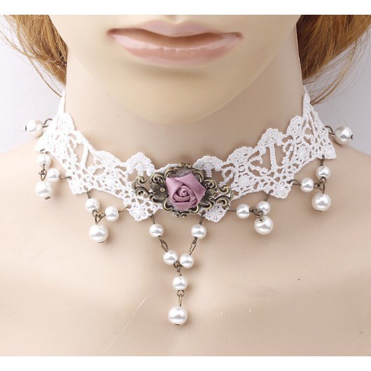 Vòng đeo tay choker đeo cổ ren trắng hoa hồng ngọc trai cho dịp trọng đại Laza YECK11