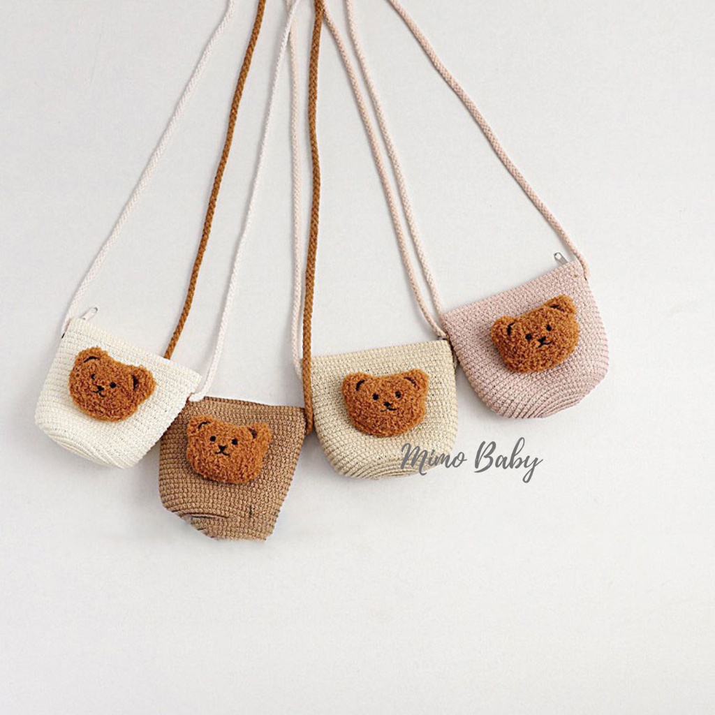 Túi cói đeo chéo đính gấu bông xù cực dễ thương cho bé TC10 Mimo Baby