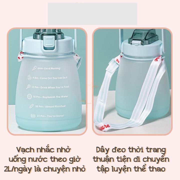 Bình đựng nước có vach chia giờ uống nước 1400ml tặng dây đeo ống hút tiện lợi