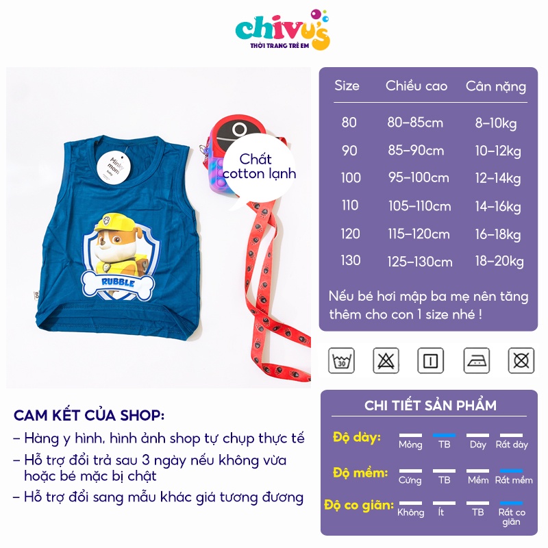 Áo ba lỗ bé trai bé gái chất cotton lạnh đội chó cứu hộ CHIVU's KID quần áo trẻ em 1 2 3 4 5 6 tuổi thoáng mát