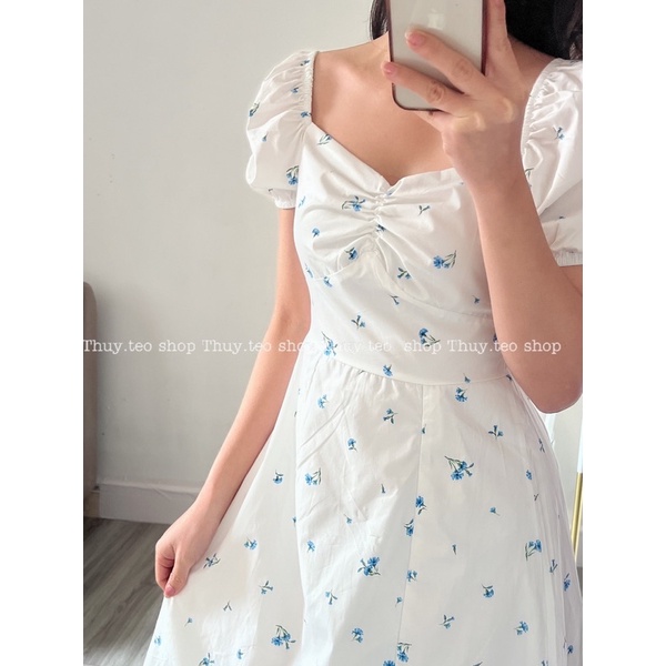 [SALE XẢ] VÁY HOA TRẮNG DÁNG DÀI XẺ ĐÙI CỘC TAY BỒNG