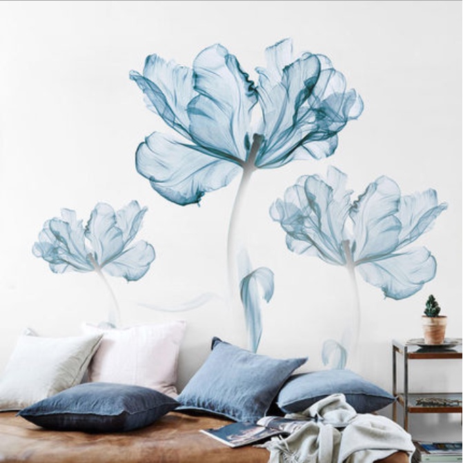 Decal dán tường trang trí Hoa xanh tươi mới khổng lồ