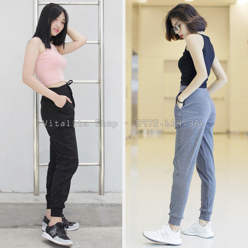 Quần Jogger nữ thể thao dây rút - Màu Đen - Xám tro