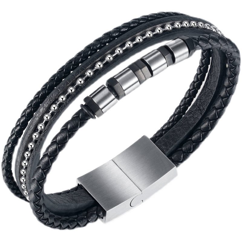 Vòng tay dây da bọc khoanh phối dây bi không gỉ MB2106