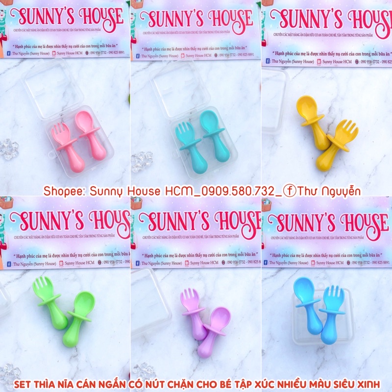 Set Thìa Nĩa Tập Xúc Cán Ngắn Có Nút Chặn An Toàn Cho Bé Kèm Hộp