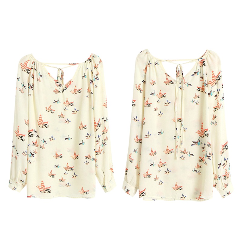 Áo Sơ Mi Chiffon Tay Dài Cổ Chữ V In Hoa Phối Cà Vạt Phía Trước Cho Nữ