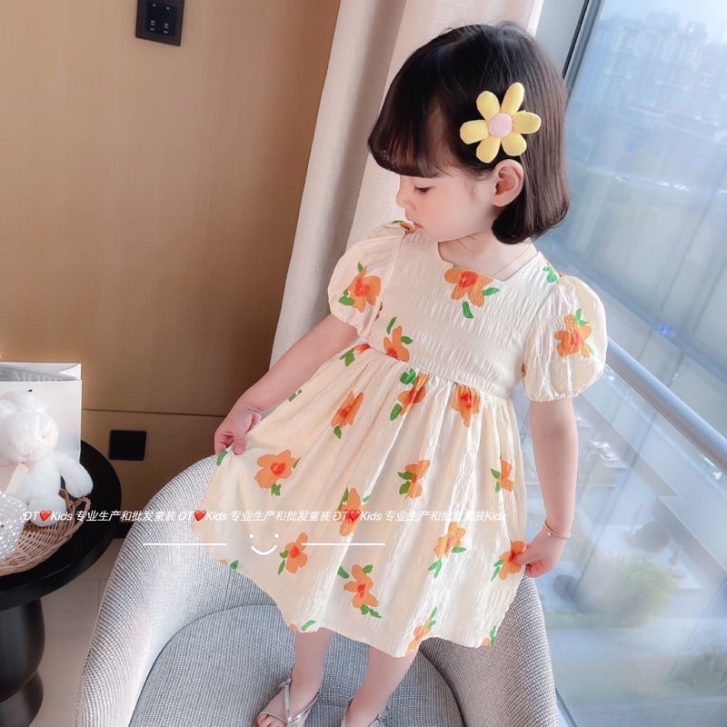 Váy hoa cam đũi xốp cao cấp cho bé gái từ 8-16kg