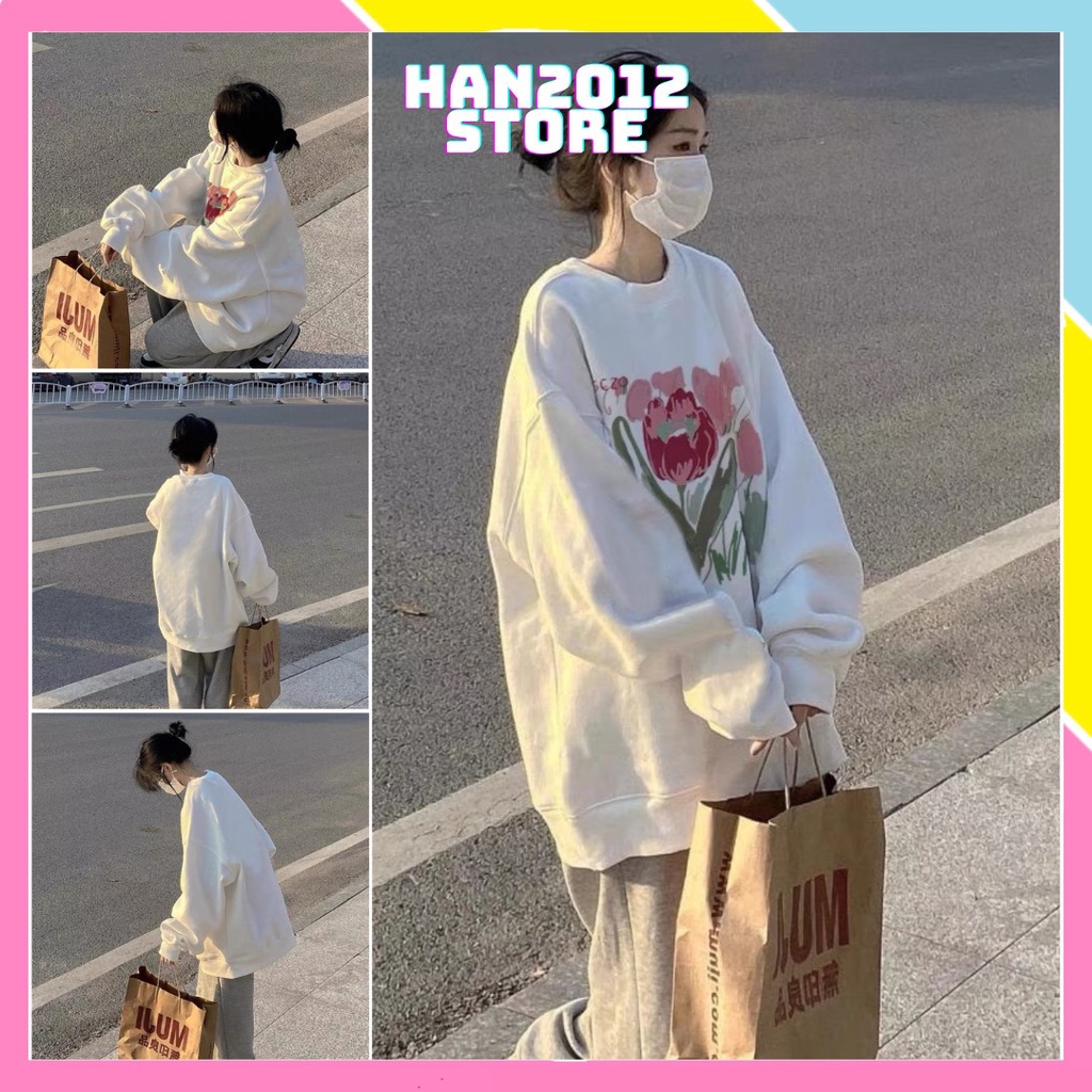 Áo nỉ sweater ROSE form rộng dài tay cổ tròn Ulzzang Unisex nam nữ
