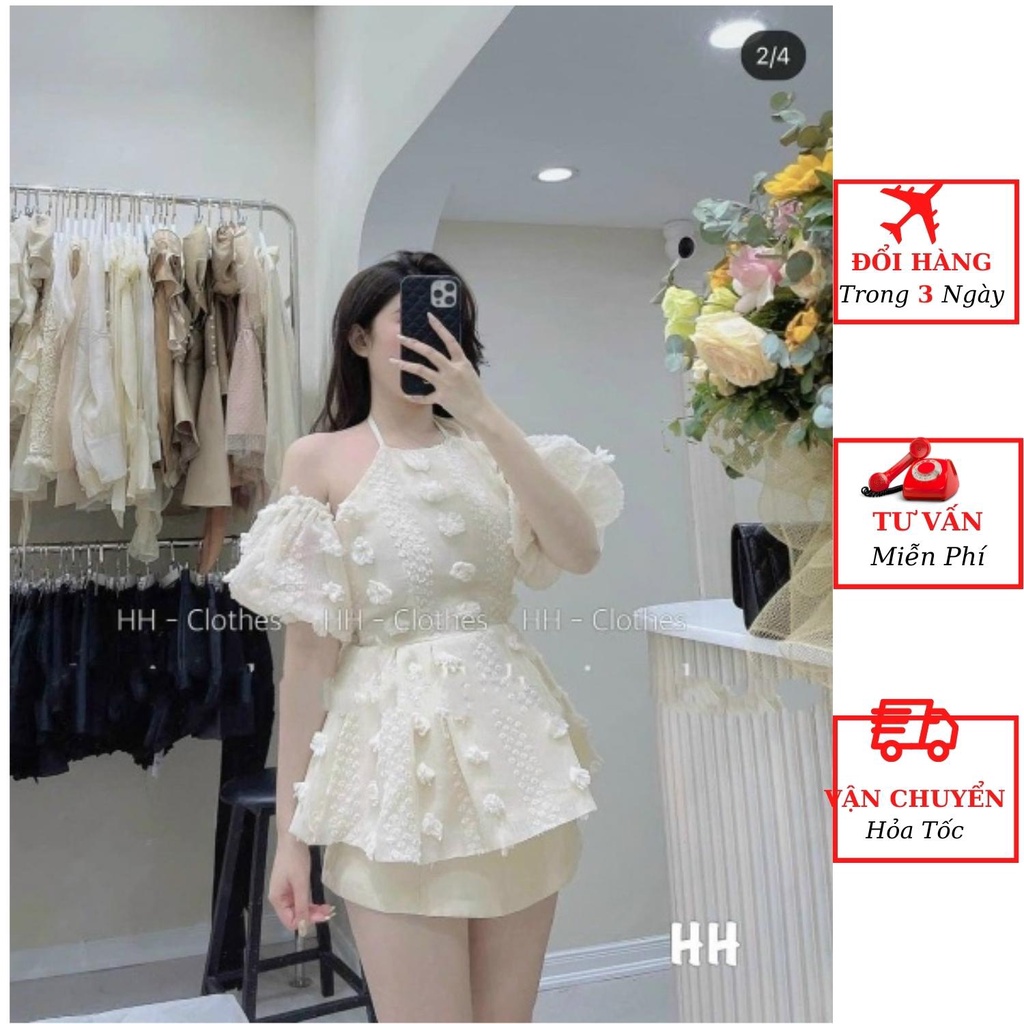 Áo trễ vai cổ yếm tay bồng hoa nổi bông dáng xòe đi biển tiệc cưới ulzzang Hàn Quốc