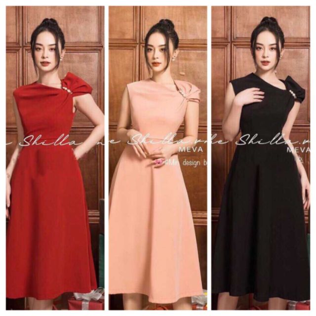 Đầm xòe dự tiệc cổ cách điệu đính hạt trai siêu xinh 3 màu đỏ đen hồng cam đủ size từ 40-70kg váy đầm đi chơi đi làm