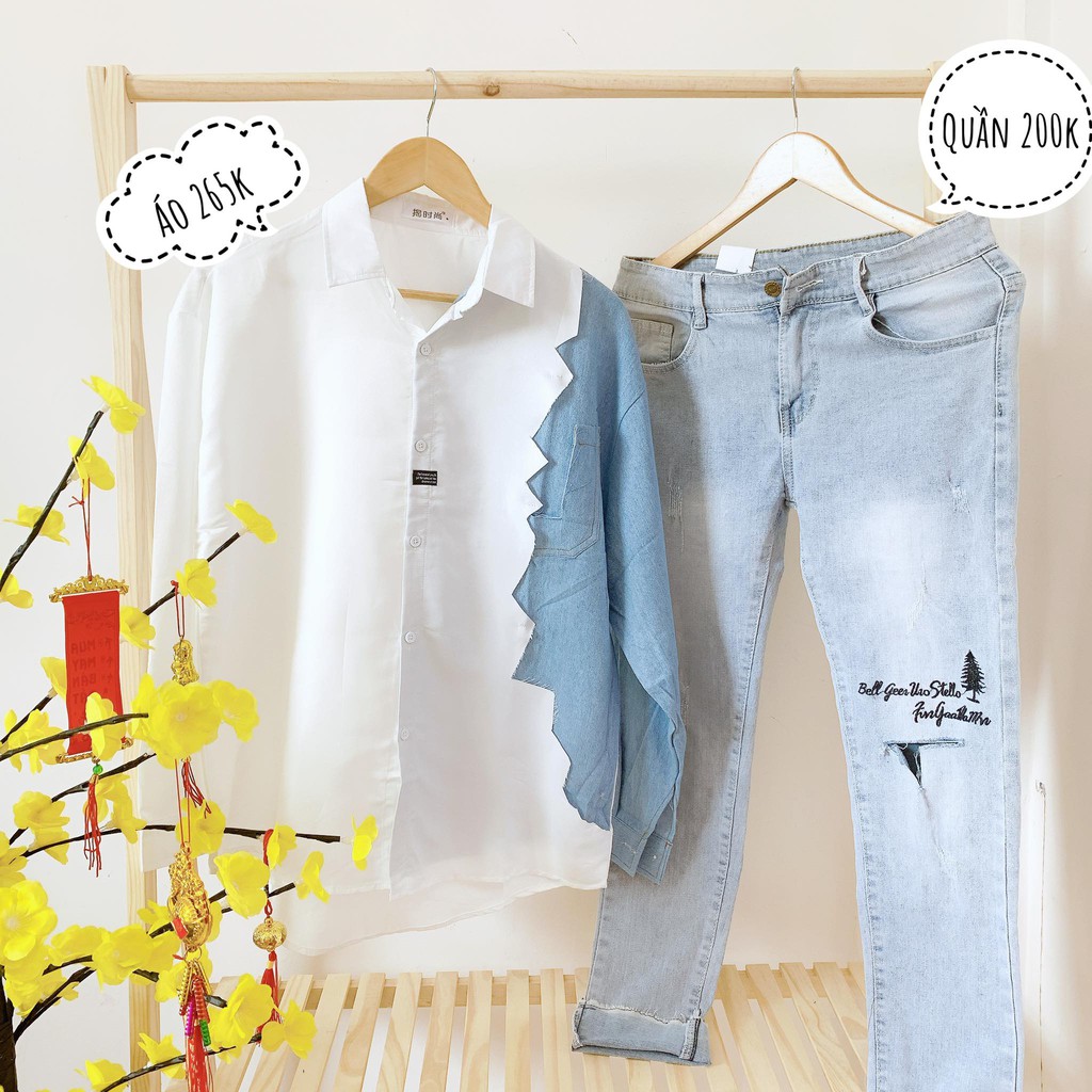 [HÌNH THẬT] ÁO SƠ MI TAY DÀI UNISEX PHỐI JEAN MR SMILE 99 SHOP