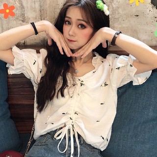 Áo voan nữ hoa nhí tay phồng 2021, áo kiểu nữ đẹp hàn quốc màu trắng, xanh cổ v thời trang du lịch công sở