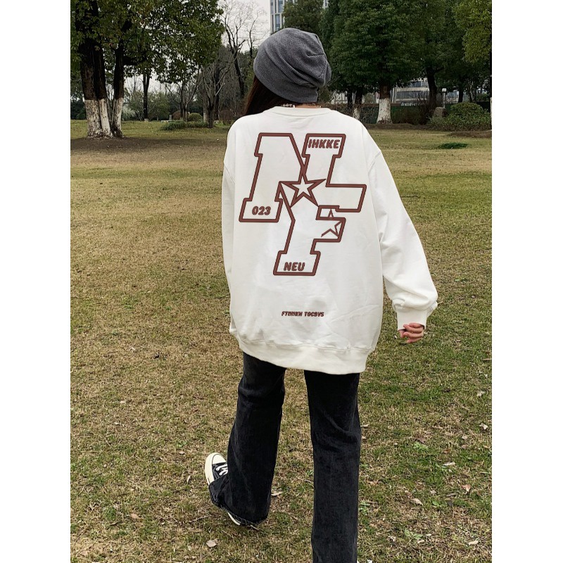 SELVZE Áo sweater Cổ Tròn Tay Dài Dáng Rộng In Hoạ Tiết vintage Mỹ