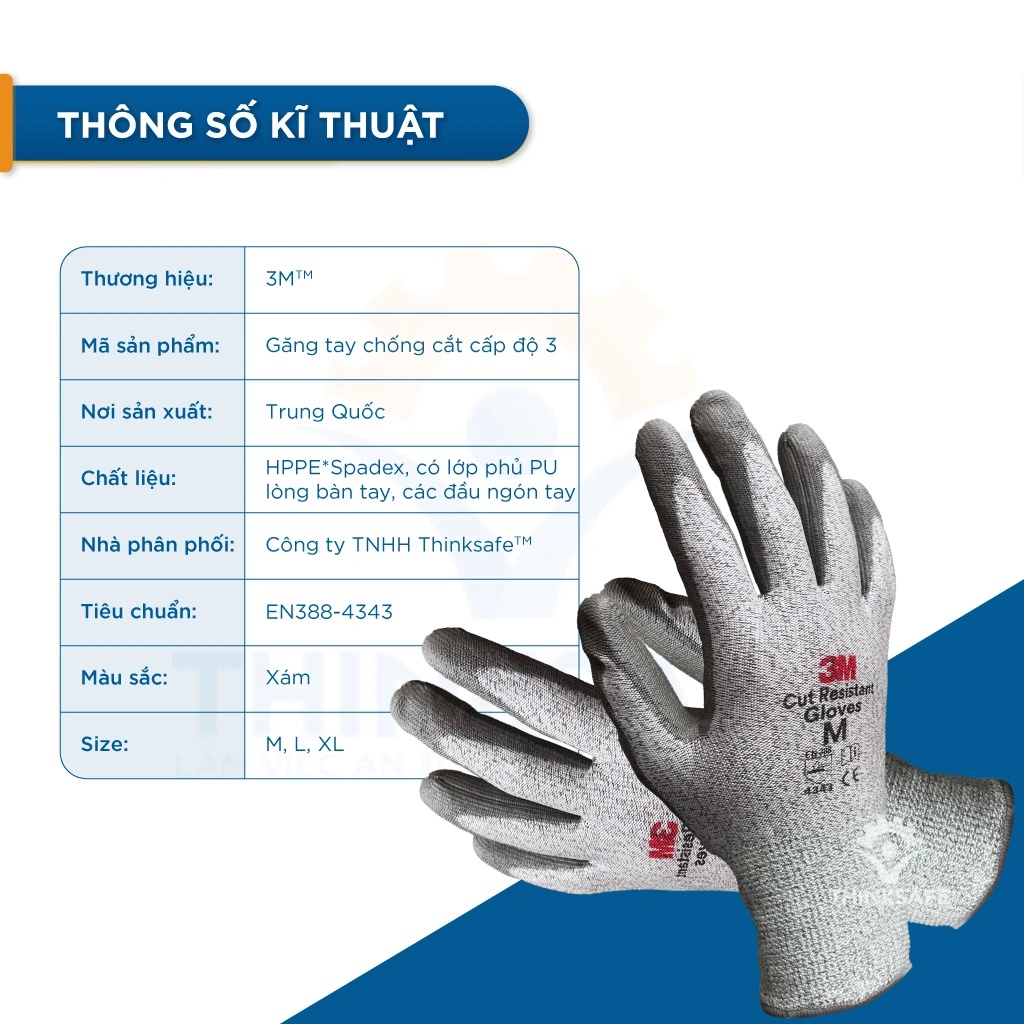 Găng tay chống cắt 3M 3 cấp độ sợi dệt kim, phủ PU bảo vệ tay trong môi trường tôn kính Bao tay chống cắt 3M - THINKSAFE