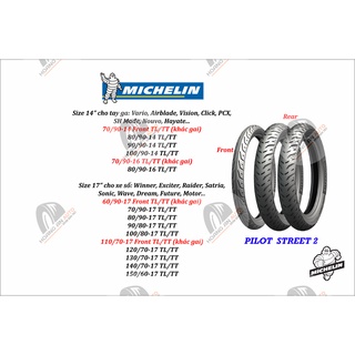 Vỏ lốp xe Michelin Pilot Street 2, vỏ ko ruột dành cho tay ga và xe số - giá 1 cái