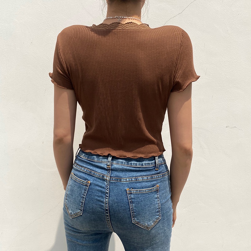 SUXI Ren khâu cổ chữ V Chia mỏng phù hợp với áo thun ngắn tay thời trang Hot Thời trang áo crop top