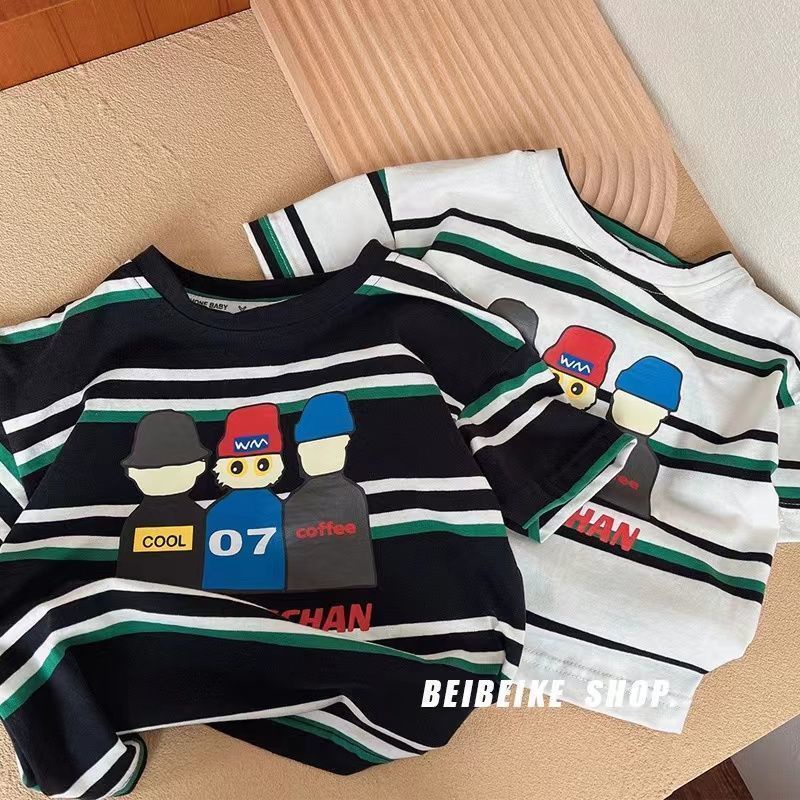 [Hàng Sẵn Sàng!!]Áo Thun Cotton Ngắn Tay Họa Tiết Hoạt Hình Kẻ Sọc Nhiều Màu Thời Trang Mùa Hè Cho Bé Trai