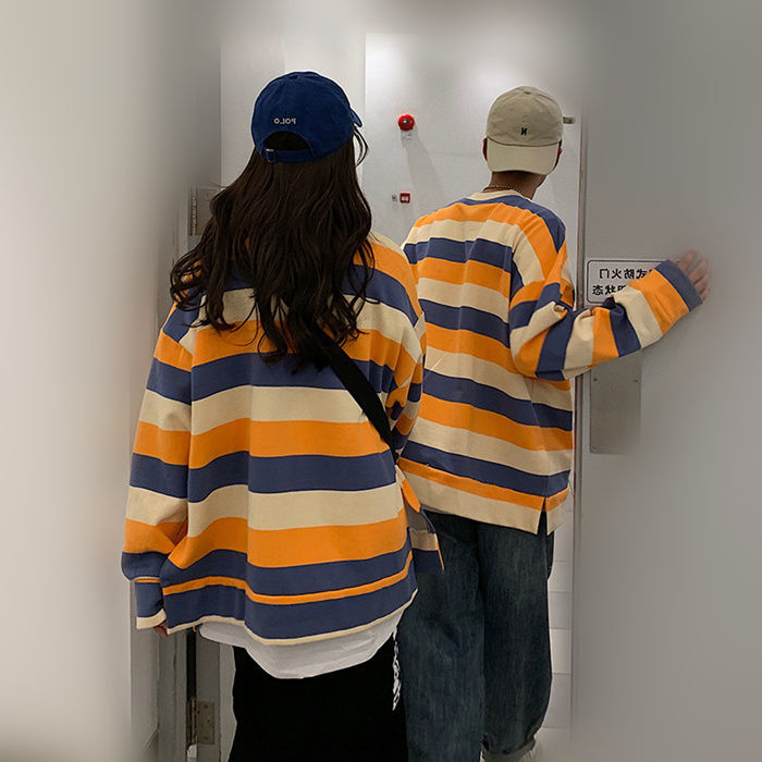 Áo thun tay dài dáng rộng họa tiết sọc ngang thời trang cho nam