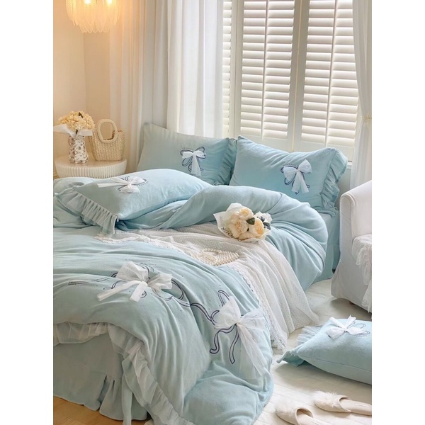 TRỌN BỘ CHĂN GA GỐI NỈ NHUNG ĐÍNH NƠ ĐIỆU ĐÀ CAO CẤP