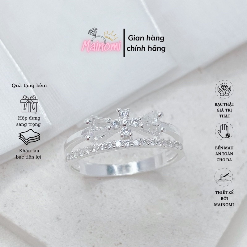 Nhẫn nữ hình nơ kép MAINOMI mã kèm quà tặng, xinh xắn chuẩn bạc thiết kế độc đáo
