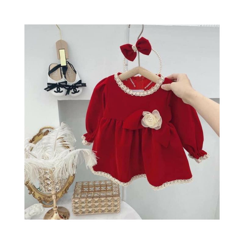 Váy Nhung Đỏ Đính Hoa Kèm Nơ Cài Điệu Đà Cho Bé Gái size 1-7 tuổi (10-20 kg)
