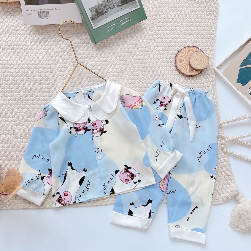 Bộ Đồ Ngủ Pijama Bé Gái - Set Quần Áo Trẻ Em Mặc Nhà Lụa Cao Cấp Nhiều Màu Dài Tay Họa Tiết Dễ Thương