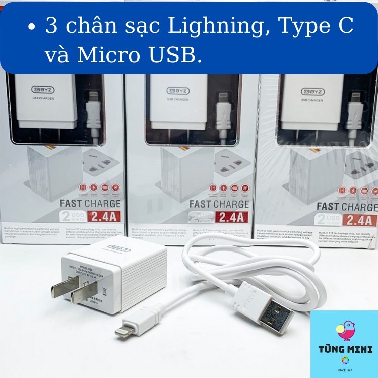 Bộ Sạc Nhanh 2 Cổng BYZ-U20 - 2.4A - Kèm Cáp Sạc Nhanh Chống Cháy Nổ - Chính Hãng