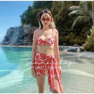 BIKINI Set 3 chi tiết 2 mảnh hoạ tiết trái tim hồng đỏ kèm khăn quấn áo cúp nâng