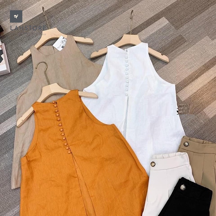 Bộ linen nữ sát nách LAHSTORE, dáng yếm nút xẻ sau trẻ trung