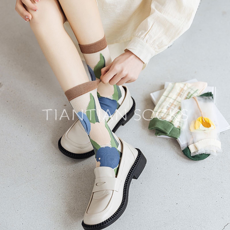 TIAN TIAN T181 Vớ Lưới Xuyên Thấu Bằng Lụa Xuyên Thấu Họa Tiết Hoa Phong Cách Nhật Bản Dễ Thương Thời Trang Xuân Hè Cho Nữ Dễ Phối Đồ