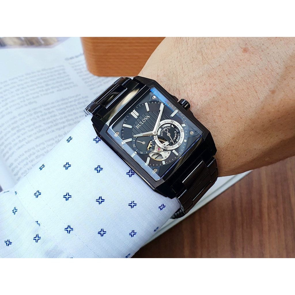 Đồng hồ nam dây thép Bulova Open Heart Automatic Black Dial 98A180