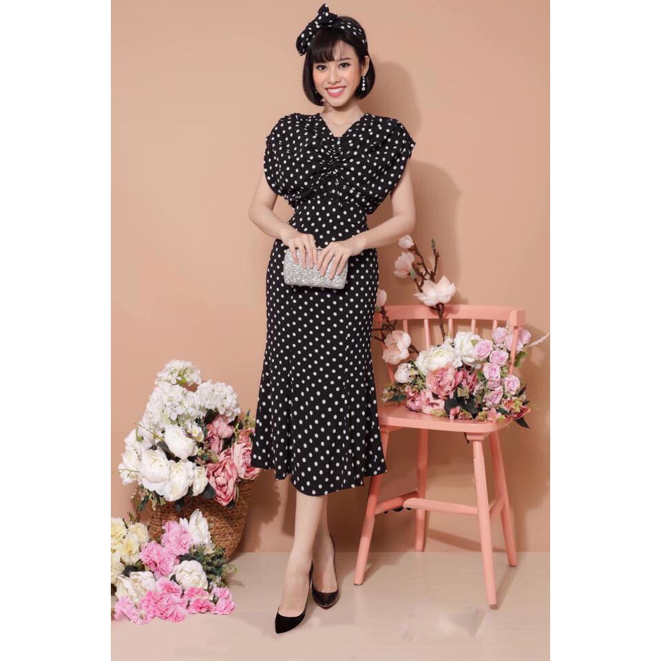 Đầm chấm bi dự tiệc nhún ngực - Đen