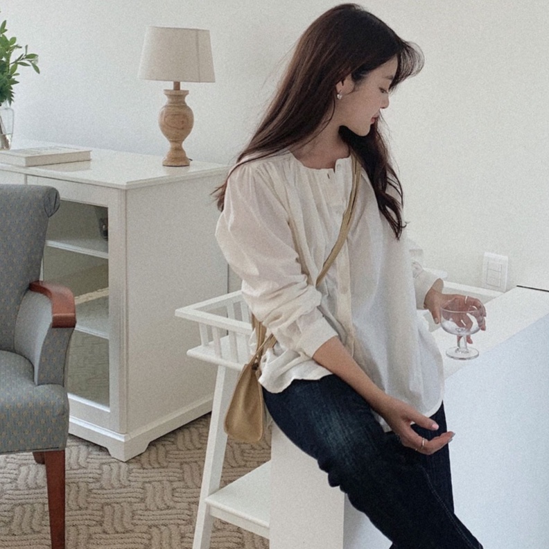 Áo sơ mi Peppermint 45723 cổ tròn dài tay dáng rộng thời trang thanh lịch