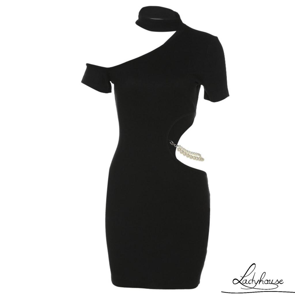 LD-Women’s Casual Short Sleeve Dress Fashion Off-shoulder Pearl Chain Hollow Skinny Short Dress