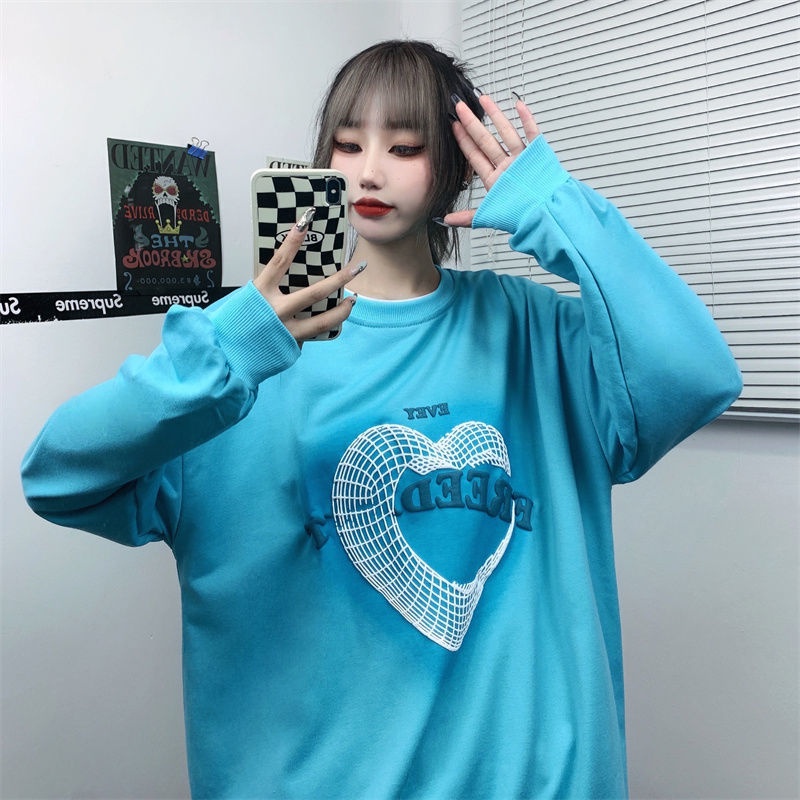 ZHELIHANGFEI Áo Sweater Dáng Rộng Hoạ Tiết Trái Tim Hợp Thời Trang