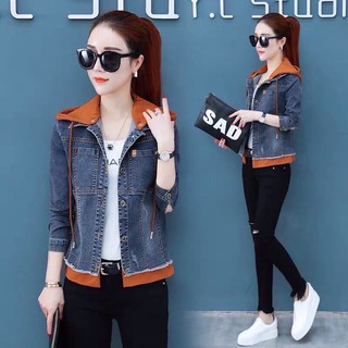 Áo khoác jean nữ phối màu có nón cao cấp