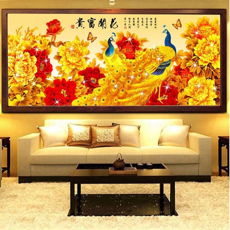 Tranh thêu chữ thập đôi công vàng chỉ lụa