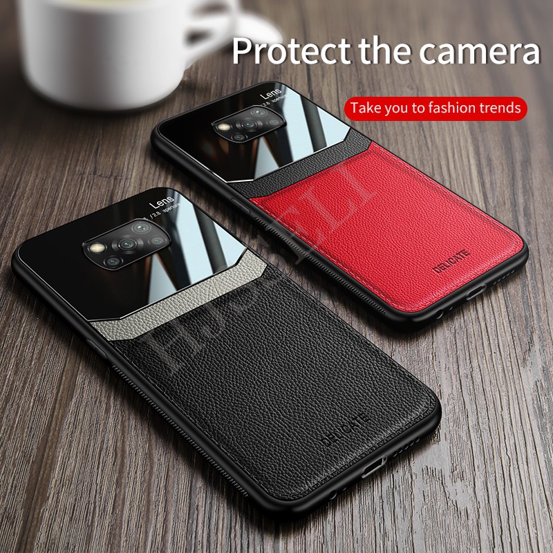 Ốp điện thoại mặt da PU kính cường lực cho Xiaomi Poco X3 Pro