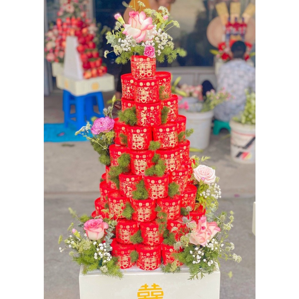 (4 màu: đỏ, vàng, hồng, trắng) 20-30-50 Hộp giấy hình tròn đựng chè trang trí tráp, bày lễ
