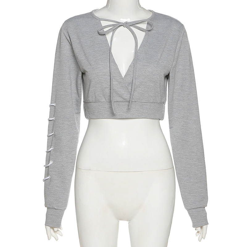MODOU New Design Women Sexy Strap V-neck Long Sleeve Hoodie Crop Top | BigBuy360 - bigbuy360.vn
