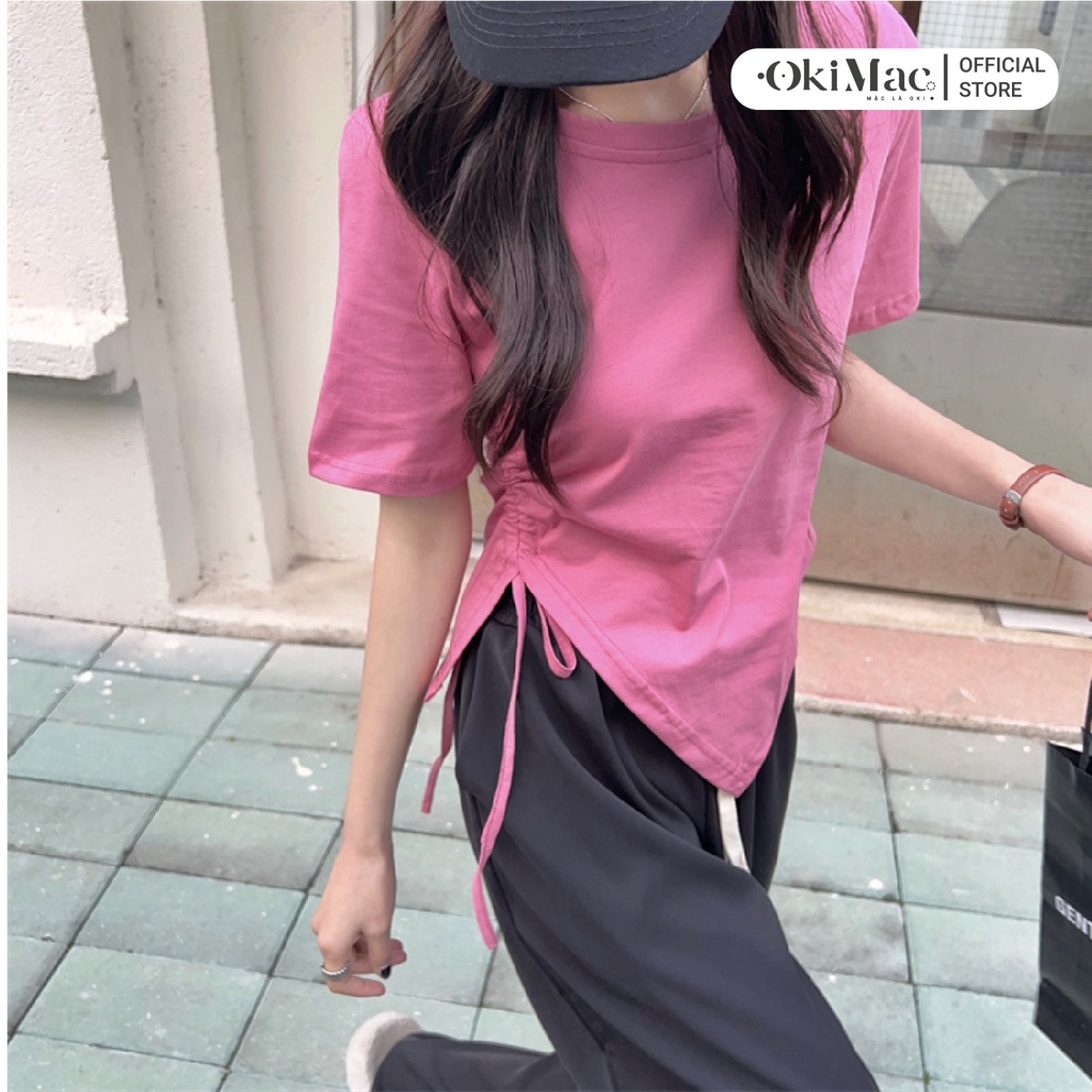 Áo thun nữ OKIMAC tay ngắn cổ tròn tay ngắn rút eo vạt nhọn thun cotton phong cách ulzzang thời trang nữ