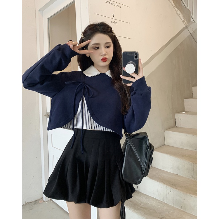 Set Áo Thun Dài Tay Cổ Tròn + Quần short Lưng Cao Thời Trang Hàn Cho Nữ