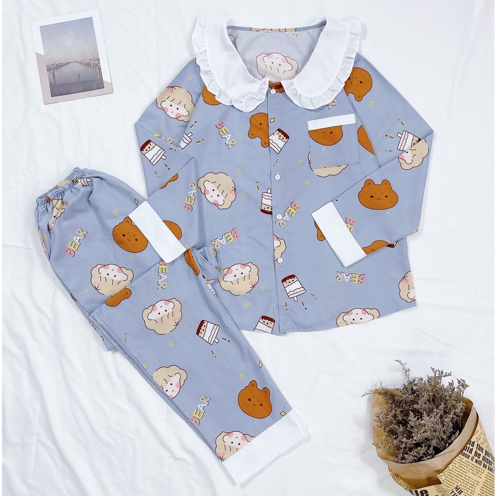 Bộ ngủ pijama phối viền bèo siêu nữ tính Bộ mặc nhà nữ