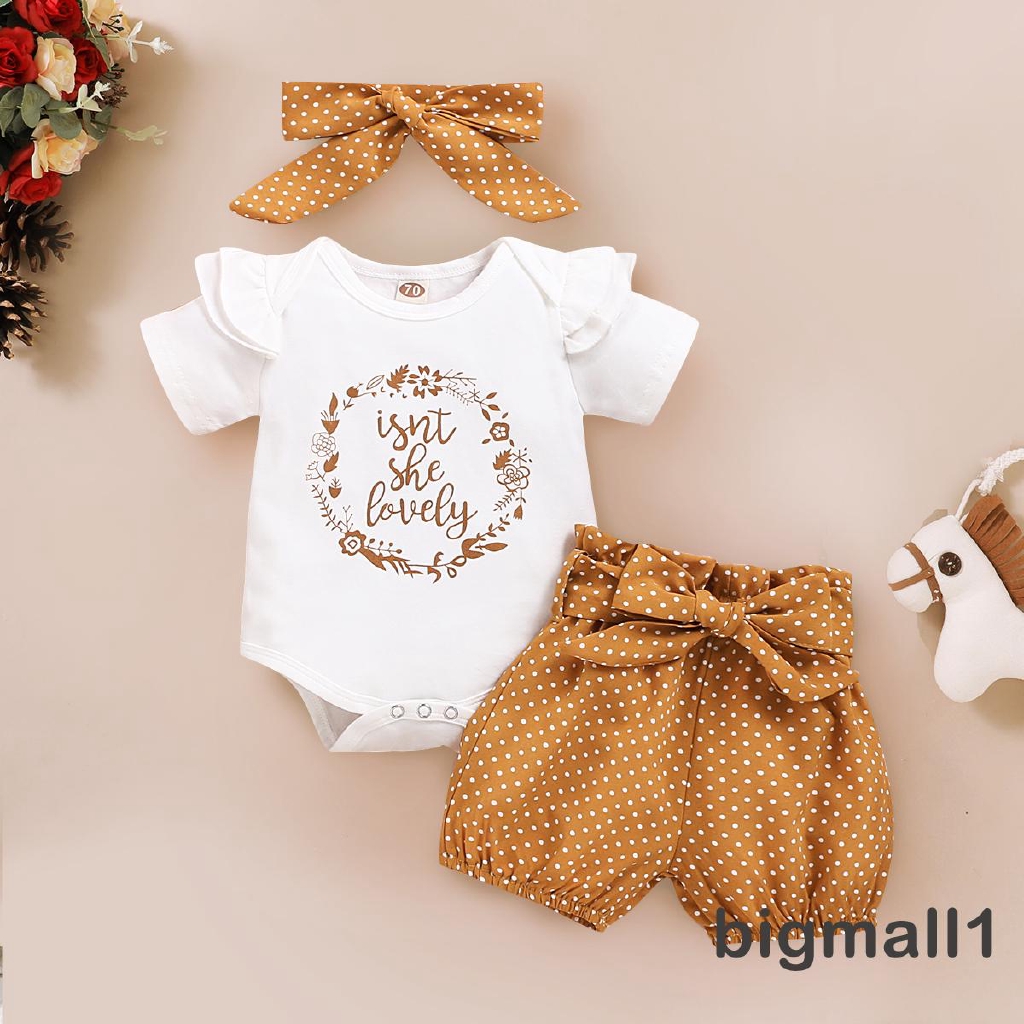 Set Áo Liền Quần Tay Ngắn & Quần Short Chấm Bi Kèm Băng Đô Cho Bé Gái