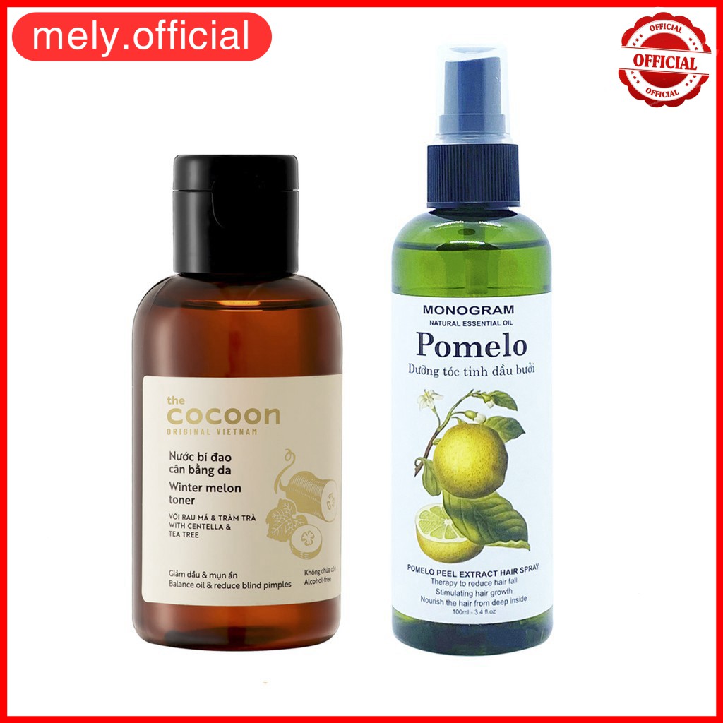 Combo giảm rụng tóc, giảm mụn ẩn gồm Dưỡng Tóc Tinh Dầu Bưởi Pomelo 100ml + Nước bí đao cân bằng da COCOON 140ml