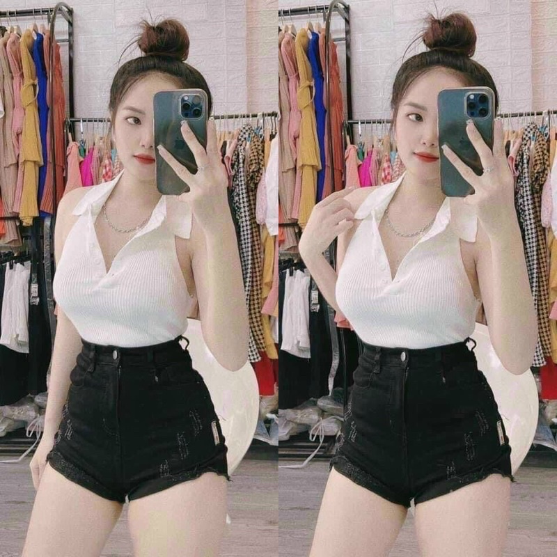 Áo thun nữ sát nách cổ bẻ thun gân sexy tôn dáng